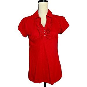 212 Red Short Sleeve Ruffle Collared Top Juniors L - Y2K 2000s NWT